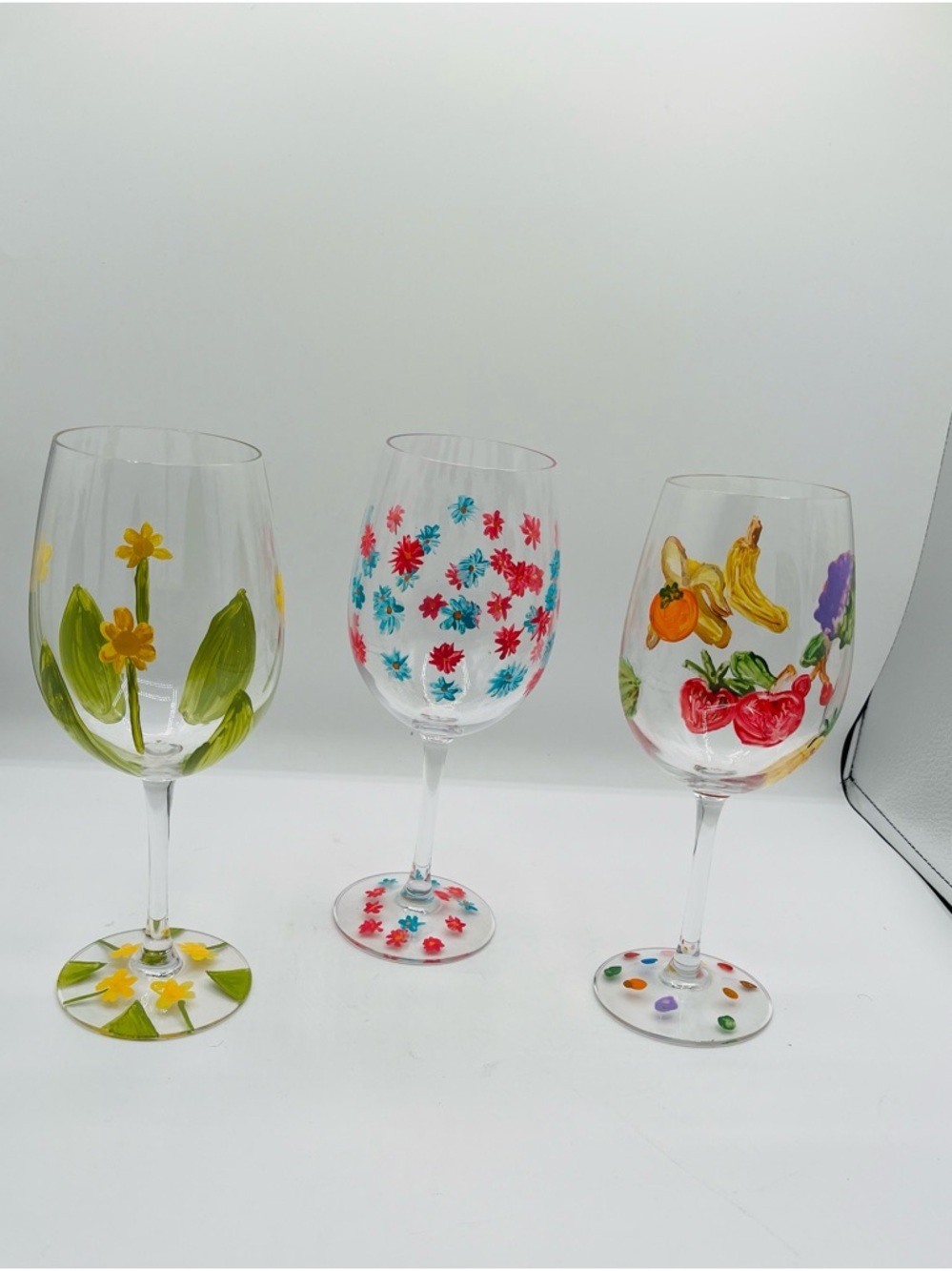 Hand-Painted Floral & Fruit Wine Glasses - Colorful Set